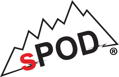 sPOD logo in black with white background. letter is in red.