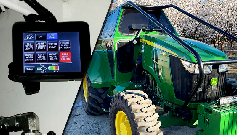 Green Tractor with trees in the background with touchscreen superimposed